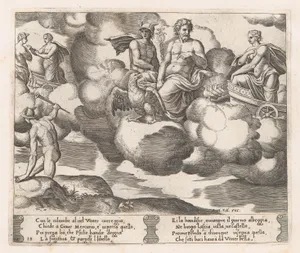Plate 18: Venus in her dove-drawn chariot complaining to Jupiter, who is accompanied by Mercury and an eagle, at left Mercury has descended to earth, from "The Story of Cupid and Psyche as told by Apuleius"