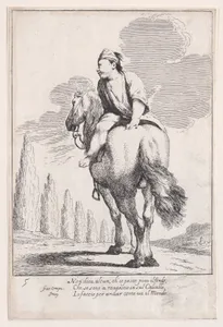 Plate 19: Cacasenno riding a horse backwards, from "Bertoldo, Bertoldino, and Cacasenno"