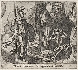 Plate 19: Minerva at Envy's Cave (Pallas Invidiam in Aglaurum incitat), from Ovid's 'Metamorphoses' by Antonio Tempesta