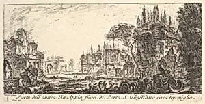 Plate 19: Part of the ancient Appian Way about three miles outside Porta S. Sebastiano, from "Alcune Vedute di Archi Trionfali ed altri monumenti inalzati da Romani parte de quali se veggono in Roma e parte per l'Italia" (Some Views of Triumphal Arches and other monuments erected by the Romans, some of which are in Rome and some elsewhere in Italy) by Giovanni Battista Piranesi|Giovanni Bouchard