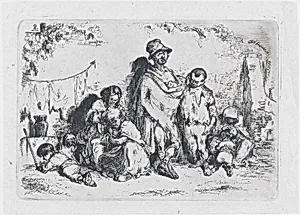 Plate 2: a group of people in the street, possibly beggars, from the series of customs and pastimes of the Spanish people by Francisco Lameyer y Berenguer