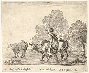 Plate 2: a peasant woman herds two cows across a stream, walking towards the left, from 'Diversi capricci' by Stefano della Bella|Nicolas Langlois