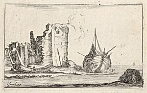 Plate 2: a ship at right and a rowboat at left, washed up on shore, a tower in ruins behind to left, from 'Caprice faict par de la Bella' by Stefano della Bella|Israël Henriet