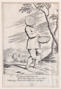 Plate 2: Bertoldo holding a tart in his hand and wearing a sieve on his head, from "Bertoldo, Bertoldino, and Cacasenno"