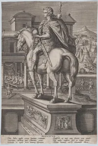 Plate 2: equestrian statue of Augustus, holding a globe and seen from behind, with a feast occurring at left in the background, from 'Roman Emperors on Horseback'