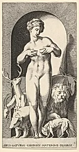 Plate 2: Ops standing in a niche with her hands at her breasts, looking to her left, with animals behind her, from "Mythological Gods and Goddesses" by Giovanni Jacopo Caraglio|Rosso Fiorentino