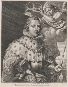 Plate 2: Portrait of Philip IV, King of Spain, being crowned; from Guillielmus Becanus's 'Serenissimi Principis Ferdinandi, Hispaniarum Infantis...'