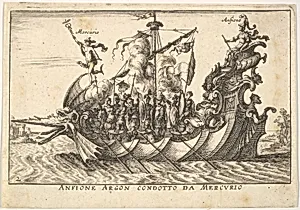 Plate 2: The Argonaut Amphion led by Mercury (Anfione Argon. condotto da Mercurio), with a fantastic beast head at the prow and Amphion seated at the stern, from the series 'The magnificent pageant on the river Arno in Florence for the marriage of the Grand Duke' (Le Magnifique carousel fait sur le fleuve de l'Arne a Florence, pour le mariage du Grand Duc), for the wedding celebration of Cosimo de' Medici in Florence, 1608 by Anonymous|Giulio Parigi|Remigio Cantagallina|Jean Sauvé