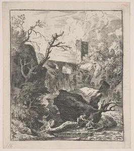 Plate 2: two figures sitting on a tree trunk on the bank of a stream in foreground, an aqueduct and tower in the background, from 'Landscapes in the manner of Gaspar Dughet'