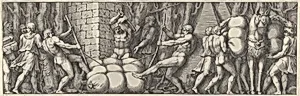 Plate 2: various figures carrying out tasks that include tying a sack and loading a horse by Pietro Santi Bartoli|Polidoro da Caravaggio|Giovanni Giacomo De Rossi