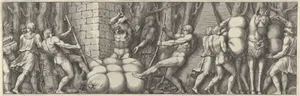 Plate 2: various figures carrying out tasks that include tying a sack and loading a horse