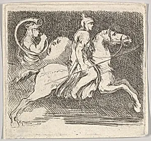Plate 20: a soldier in profile galloping to the right holding a lance in his right hand, followed by another horseman behind, from 'Various figures and doodles' (Diverses figures et griffonnemens) by Stefano della Bella