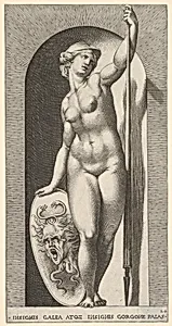 Plate 20: Pallas Athena holding a shield with Medusa's head in her right hand and a lance in her left hand, from "Mythological Gods and Goddesses" by Giovanni Jacopo Caraglio|Rosso Fiorentino