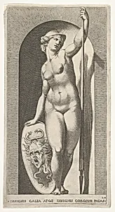Plate 20: Pallas Athena holding a shield with Medusa's head in her right hand and a lance in her left hand, from a series of mythological gods and goddesses by Giovanni Jacopo Caraglio|Rosso Fiorentino