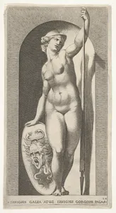 Plate 20: Pallas Athena holding a shield with Medusa's head in her right hand and a lance in her left hand, from a series of mythological gods and goddesses