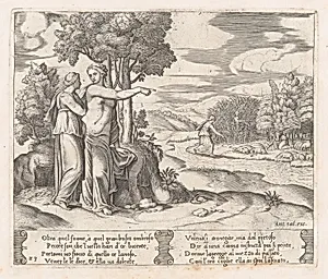Plate 23: Psyche on the order of Venus departing to find the golden fleece, from "The Story of Cupid and Psyche as told by Apuleius" by Antonio Salamanca|Master of the Die|Michiel Coxie (I)