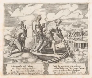 Plate 25: Psyche setting off in Charon's boat, ignoring the old man at left who requests alms, from "The Story of Cupid and Psyche as told by Apuleius"