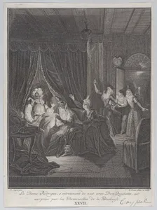 Plate 27: Doña Rodriguez, who is speaking at night with Don Quixote, is surprised by the ladies of the Duchess (La Dame Rodrigue, s'entretenant de nuit avec Don Quichotte, est suprise par les Demoiselles de las Duchesse)