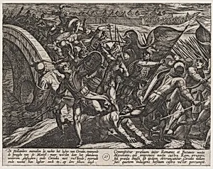 Plate 27: The Dutch During a Surprise Attack of the Roman Camp on the Moselle, from The War of the Romans Against the Batavians (Romanorvm et Batavorvm societas) by Antonio Tempesta|Otto van Veen