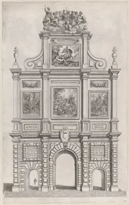 Plate 27: Triumphal arch, elevation of the back, surmounted by allegorical figures and decorated with scenes from Roman mythology and history; from Guillielmus Becanus's 'Serenissimi Principis Ferdinandi, Hispaniarum Infantis...'