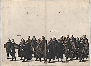Plate 28: Drummers and trumpet players marching in the funeral procession of Archduke Albert of Austria; from 'Pompa Funebris ... Alberti Pii' by Jacques Francquart|Cornelis Galle I