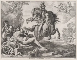 Plate 28: Mars on horseback at center, and Romulus and Remus with the wolf at lower left; from Guillielmus Becanus's 'Serenissimi Principis Ferdinandi, Hispaniarum Infantis...'