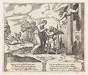 Plate 28: Psyche, wanting to appear more beautiful opens the box, as Cupid arrives in the upper right, and at left his arrow pierces Psyche, who has fallen to the ground, from "The Story of Cupid and Psyche as told by Apuleius" by Antonio Salamanca|Master of the Die|Michiel Coxie (I)