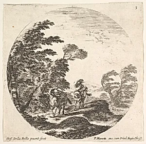 Plate 3: a gale in the forest, two horsemen wrapped in their cloaks, the wind is blowing from the left side, a round composition, from 'Roman landscapes and ruins' (Paysages et ruines de Rome) by Stefano della Bella|Pierre Mariette le fils