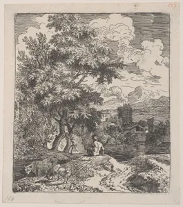 Plate 3: a shepherd seated on a hill, a cow and two sheep at left, and a town in right background, from 'Landscapes in the manner of Gaspar Dughet'