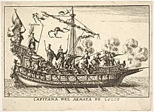 Plate 3: Captain of the army of Chalchis (Capitana del armata de Colco), from the series 'The magnificent pageant on the river Arno in Florence for the marriage of the Grand Duke' (Le Magnifique carousel fait sur le fleuve de l'Arne a Florence, pour le mariage du Grand Duc), for the wedding celebration of Cosimo de' Medici in Florence, 1608 by Giulio Parigi|Anonymous|Remigio Cantagallina|Jean Sauvé