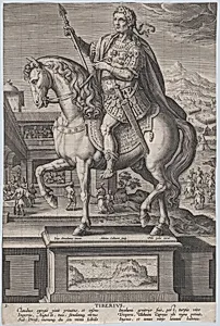 Plate 3: equestrian statue of Tiberius, in profile to the left, with a naval landscape on pedestal below, from 'Roman Emperors on Horseback' by Philips Galle|Adriaen Collaert|Jan van der Straet, called Stradanus