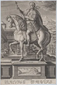 Plate 3: equestrian statue of Tiberius, in profile to the left, with a naval landscape on pedestal below, from 'Roman Emperors on Horseback'