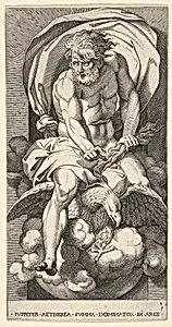 Plate 3: Jupiter emerging from a niche, riding an eagle and holding a thunderbolt in his left hand, from "Mythological Gods and Goddesses" by Giovanni Jacopo Caraglio|Rosso Fiorentino