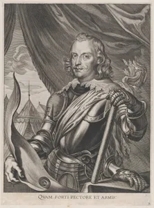 Plate 3: Portrait of Ferdinand Cardinal Infante of Spain, in military armor; from Guillielmus Becanus's 'Serenissimi Principis Ferdinandi, Hispaniarum Infantis...'