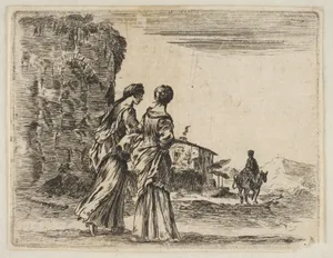 Plate 3: two girls walking towards the right, seen from behind, a woman on a horse to right in background, from "Diversi capricci"