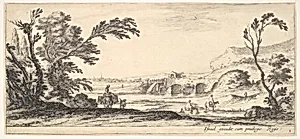Plate 3: two horsemen crossing a river to right, a woman with two baskets atop a donkey to left, trees to the left and right, a bridge in the background, from 'Various landscapes' (Divers paysages) by Stefano della Bella|Israël Henriet