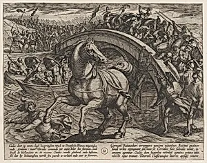 Plate 31: Civilis Forced to Dismount and Swim Across the River, from The War of the Romans Against the Batavians (Romanorvm et Batavorvm societas) by Antonio Tempesta|Otto van Veen
