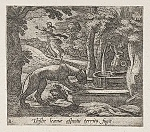 Plate 31: Thisbe Running from the Lionness at the Well (Thisbe leaenae spectu territa fugit), from Ovid's 'Metamorphoses' by Antonio Tempesta