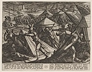 Plate 32: Dutch and Germans Atttack the Roman Camp and Capture Cerialis' Boat, from The War of the Romans Against the Batavians (Romanorvm et Batavorvm societas) by Antonio Tempesta|Otto van Veen