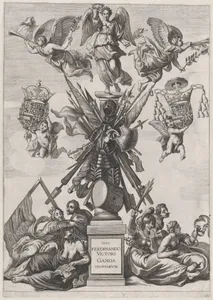 Plate 33: Armorial trophy on a Tuscan column, surrounded by allegorical figures and cherubs bearing the armorial shields of Ferdinand; from Guillielmus Becanus's 'Serenissimi Principis Ferdinandi, Hispaniarum Infantis...'