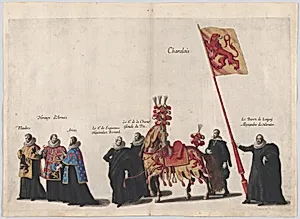 Plate 35: Men with heraldic flags and horses from Charolois marching in the funeral procession of Archduke Albert of Austria; from 'Pompa Funebris ... Alberti Pii' by Cornelis Galle I|Jacques Francquart