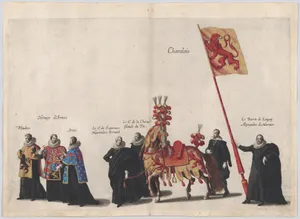 Plate 35: Men with heraldic flags and horses from Charolois marching in the funeral procession of Archduke Albert of Austria; from 'Pompa Funebris ... Alberti Pii'
