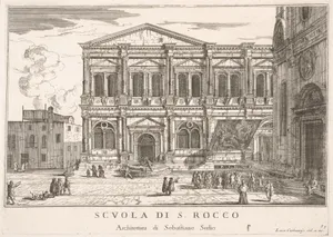 Plate 37: Side view of the school of St. Roch at left and view of facade of the church of St. Roch, Venice, 1703 from the series 'The buildings and views of Venice' (Le fabriche e vedute di Venezia)