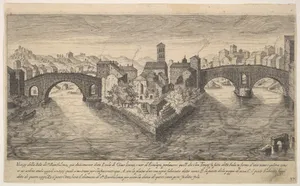 Plate 37: view of the church of San Bartolomeo all'Isola on Tiber Island, Rome, flanked by bridges, from the series 'Ruins of the antiquity of Rome, Tivoli, Pozzuoli, and other places' (Vestigi della antichità di Roma, Tivoli, Pozzvolo et altri luochi)