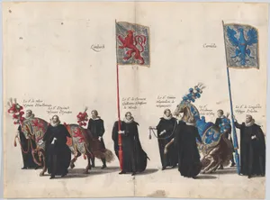 Plate 39: Men with heraldic flags and horses from Burgundy and Artois marching in the funeral procession of Archduke Albert of Austria; from 'Pompa Funebris ... Alberti Pii'