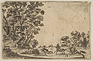 Plate 4: a deer hunt, two horsemen galloping towards the rightbehind three dogs and a deer, a group of trees to left, from "Various Figures" (Agréable diversité de figures) by Stefano della Bella