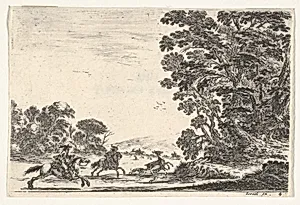 Plate 4: a deer hunt, two horsemen galloping towards the left behind three dogs and a deer, a group of trees to right, from 'Various Figures' (Agréable diversité de figures) by Stefano della Bella|Israël Henriet