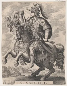 Plate 4: Emperor Gaius on Horseback, from 'The First Twelve Roman Caesars', after Tempesta