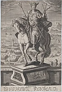 Plate 4: equestrian statue of Caligula, seen three-quarters to the left, wearing a winged helmet and holding double-headed arrows, a military scene in the background, from 'Roman Emperors on Horseback' by Philips Galle|Adriaen Collaert|Jan van der Straet, called Stradanus
