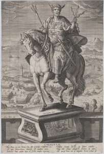 Plate 4: equestrian statue of Caligula, seen three-quarters to the left, wearing a winged helmet and holding double-headed arrows, a military scene in the background, from 'Roman Emperors on Horseback'